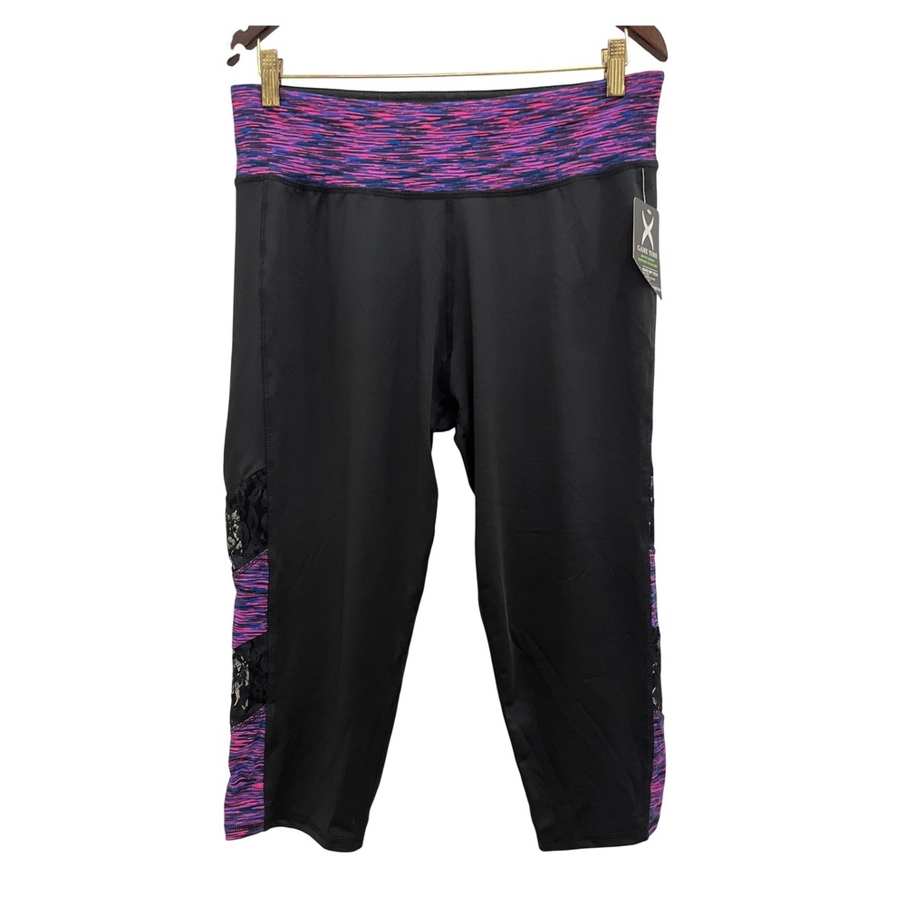 Game Time Capri Leggings Womens XL Black Pink New Lace Trim Rapid Dry Tech